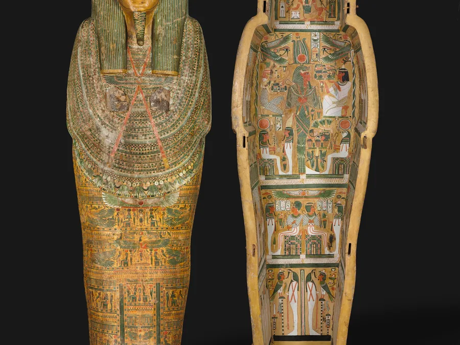 Painted Egyptian coffin of Bakenmut with funerary imagery and inscriptions.