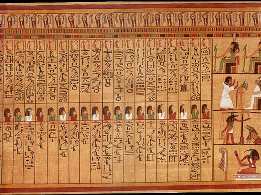 Papyrus of Ani Chapter 125 image with Egyptian deities and hieroglyphic text from the negative confession.
