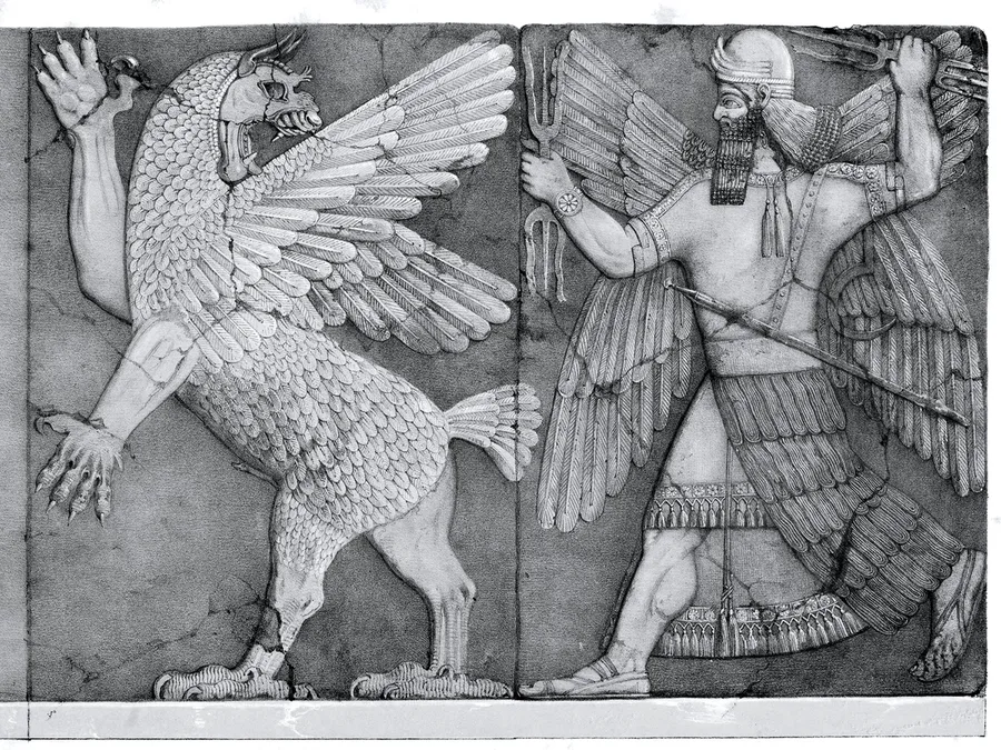 Engraving of an Assyrian relief showing a winged god with thunderbolts confronting a winged leonine monster.