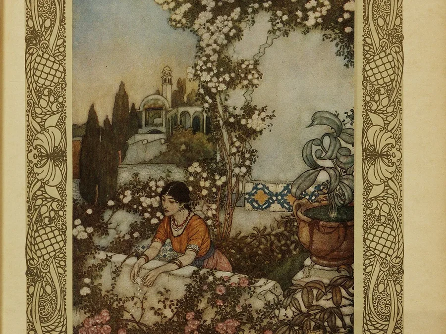 Dulac watercolor plate of a woman leaning on a garden wall among roses, within an ornamental border.