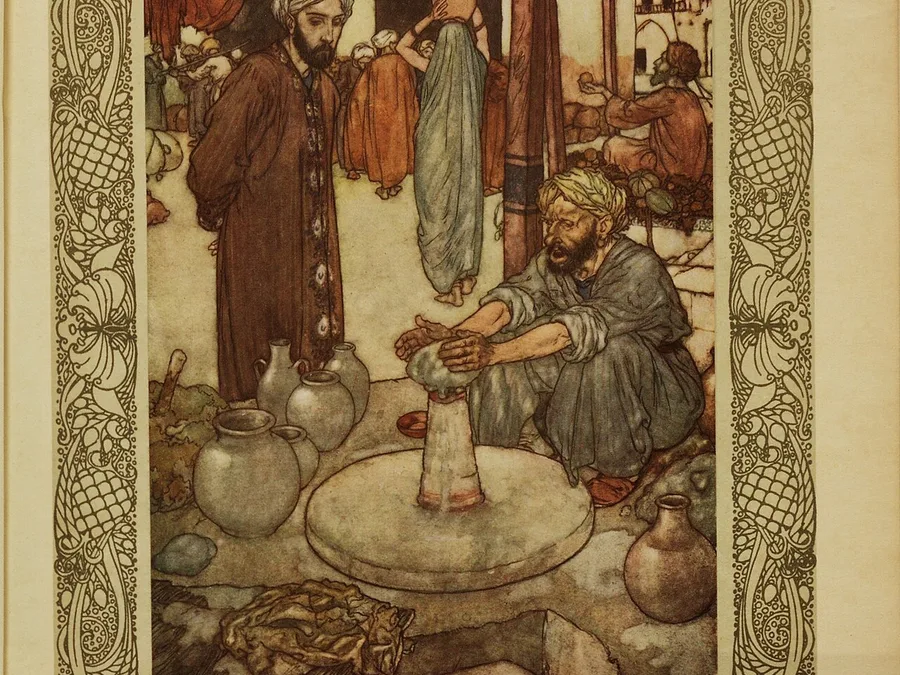 Dulac watercolor plate of a potter shaping clay at a courtyard wheel while a robed man watches.