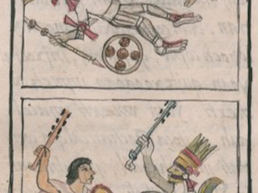 Manuscript painting of the armed god Huitzilopochtli emerging on Coatepec above defeated figures.
