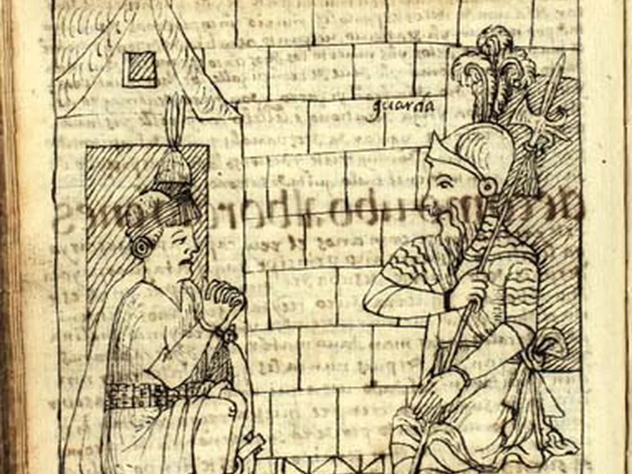 Colonial-era pen drawing of the captive Inca Atahualpa guarded by Spanish soldiers.