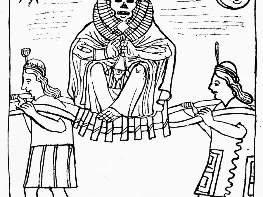 Colonial-era pen drawing of Andean figures carrying a seated mummy bundle.