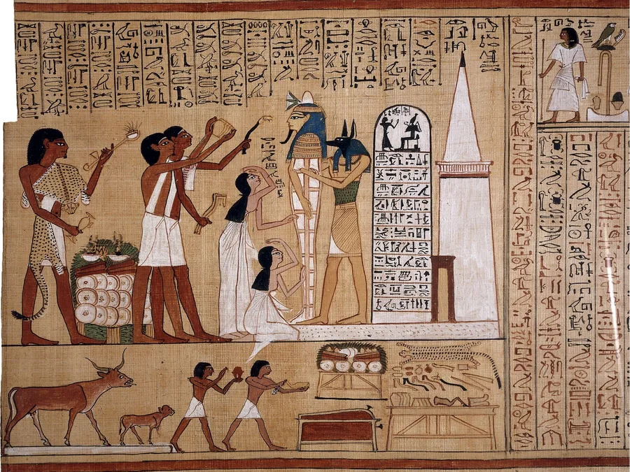 Egyptian Book of the Dead scene showing priests and mourners performing the Opening of the Mouth ceremony before a mummy.