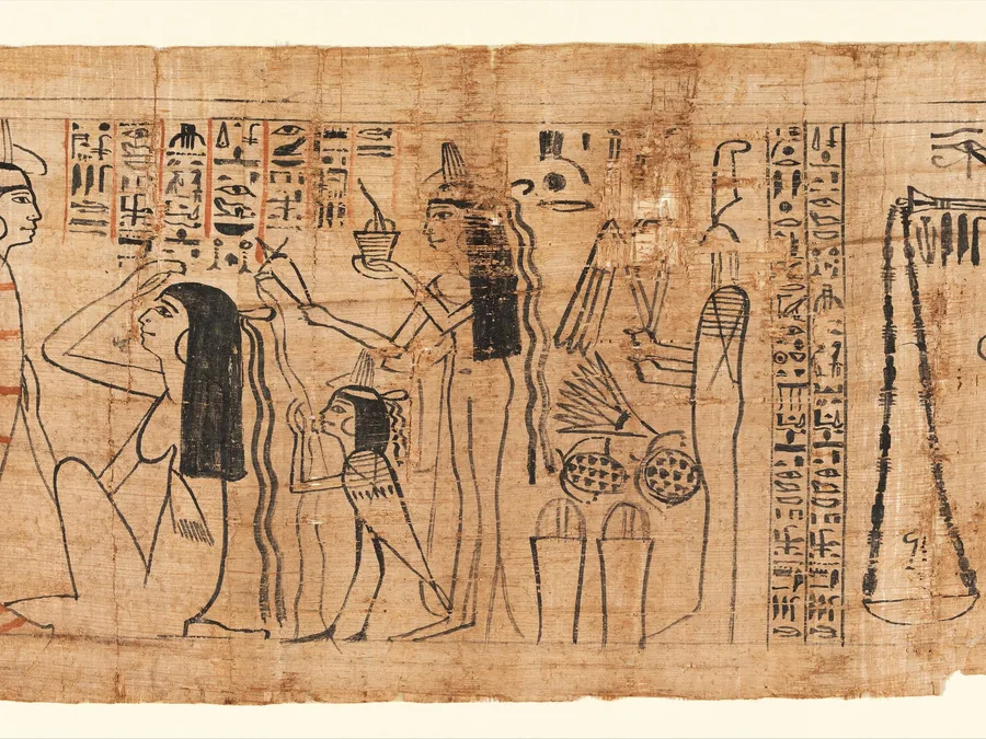 Egyptian funerary papyrus panel from Singer Tiye with painted figures and hieroglyphic text.