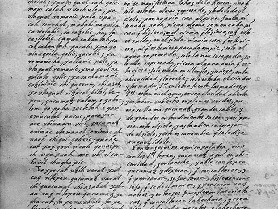 Early eighteenth-century two-column manuscript page in K'iche' Maya and Spanish.