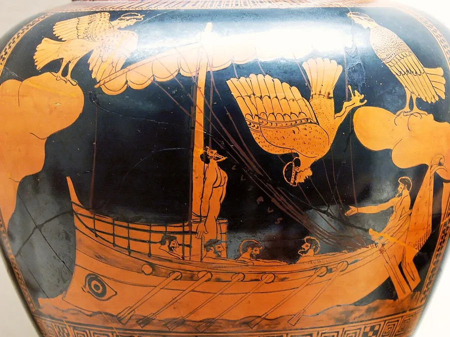 Red-figure vase painting of Odysseus tied to a ship's mast as sirens fly overhead.