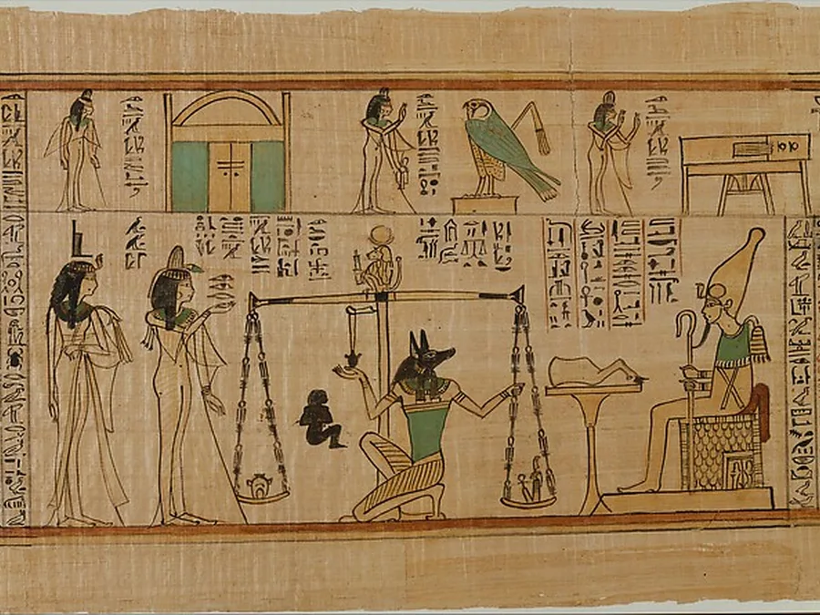 Illustrated Egyptian Book of the Dead papyrus of Nauny with hieroglyphic text and vignettes.