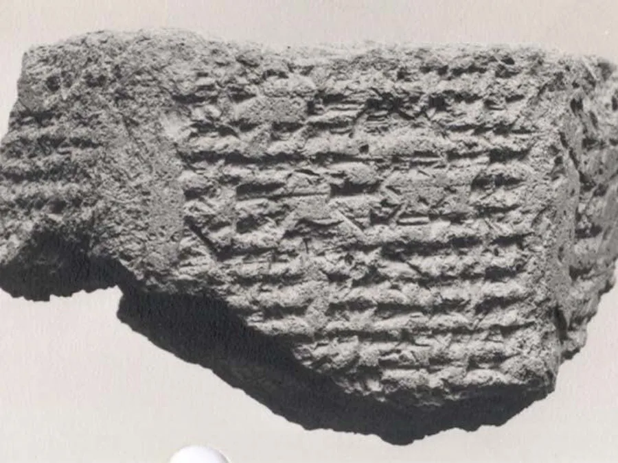 Clay cuneiform prism inscription of Esarhaddon associated with Babylon.
