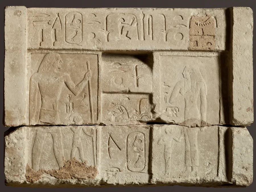 Old Kingdom Egyptian false door niche block of Merykhufu in limestone.