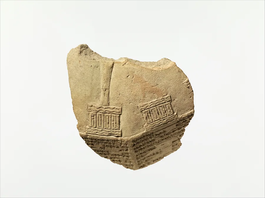 Babylonian clay prism fragment with cuneiform and divine symbols for Nabu and Gula.
