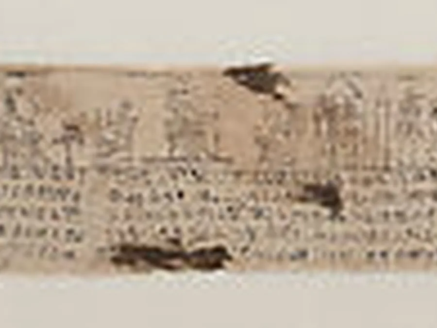 Long Egyptian mummy bandage with hieratic Book of the Dead text and a small vignette.