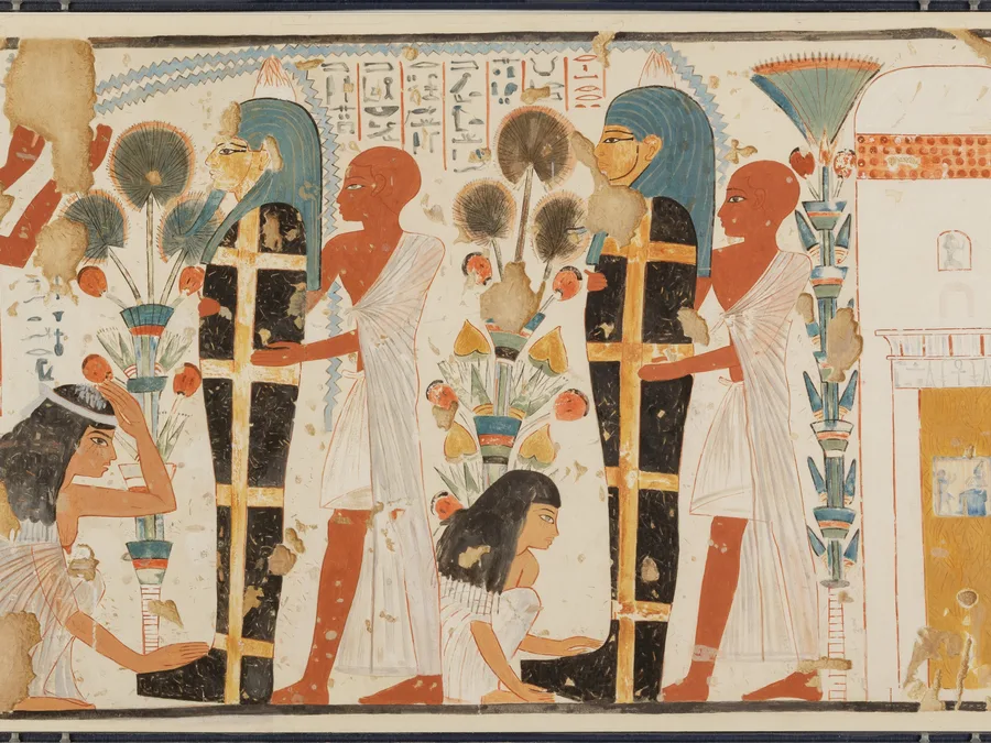 Egyptian tomb facsimile showing mourners, purification, funerary figures, and hieroglyphs.