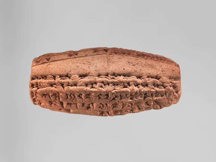 Clay cuneiform cylinder of Nebuchadnezzar II about the temple of Ninmah or Belet-ili at Babylon.