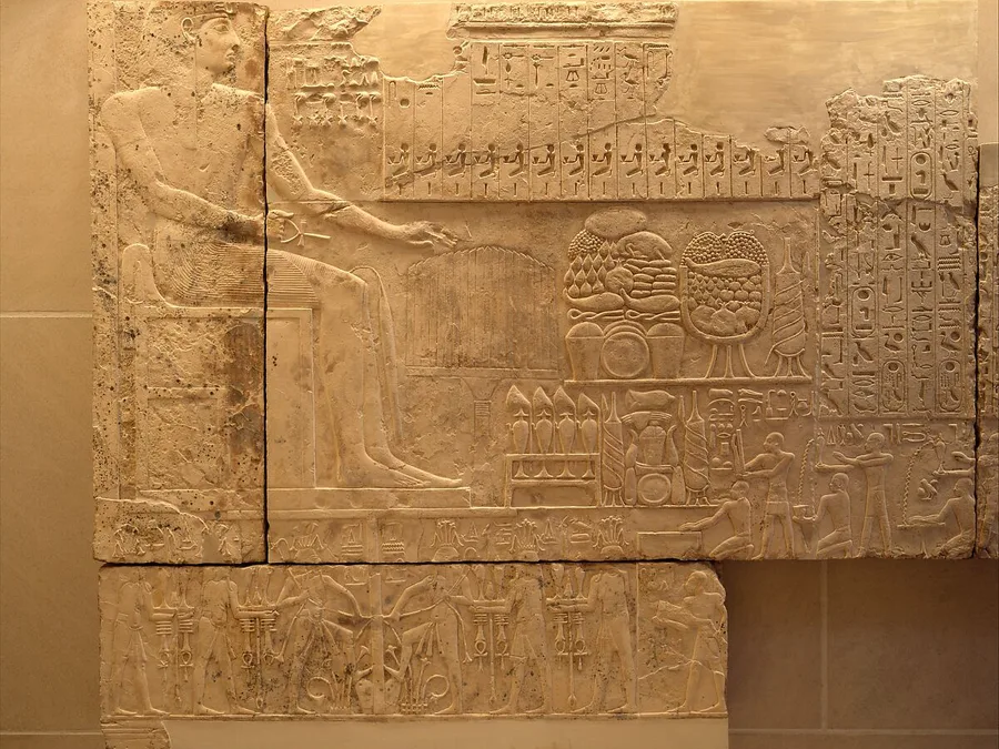 North wall limestone relief of Ramesses I seated before offerings, with Egyptian hieroglyphic Pyramid Texts-derived spells.