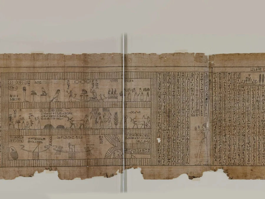 Long Egyptian Book of the Dead papyrus of Iuefankh with cursive hieroglyphic text and funerary vignettes.