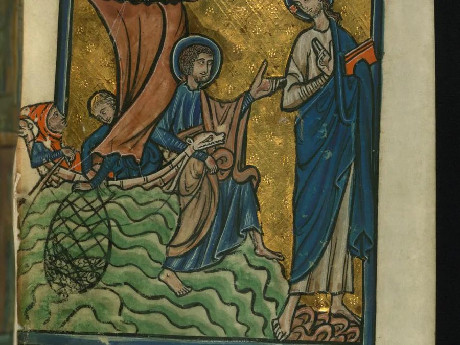 Medieval illumination of Christ appearing to disciples at Lake Tiberias.